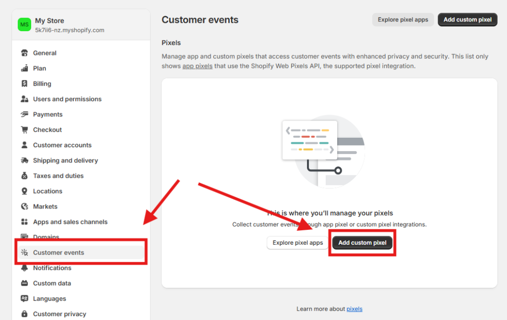 Shopify customer events custom pixel screen