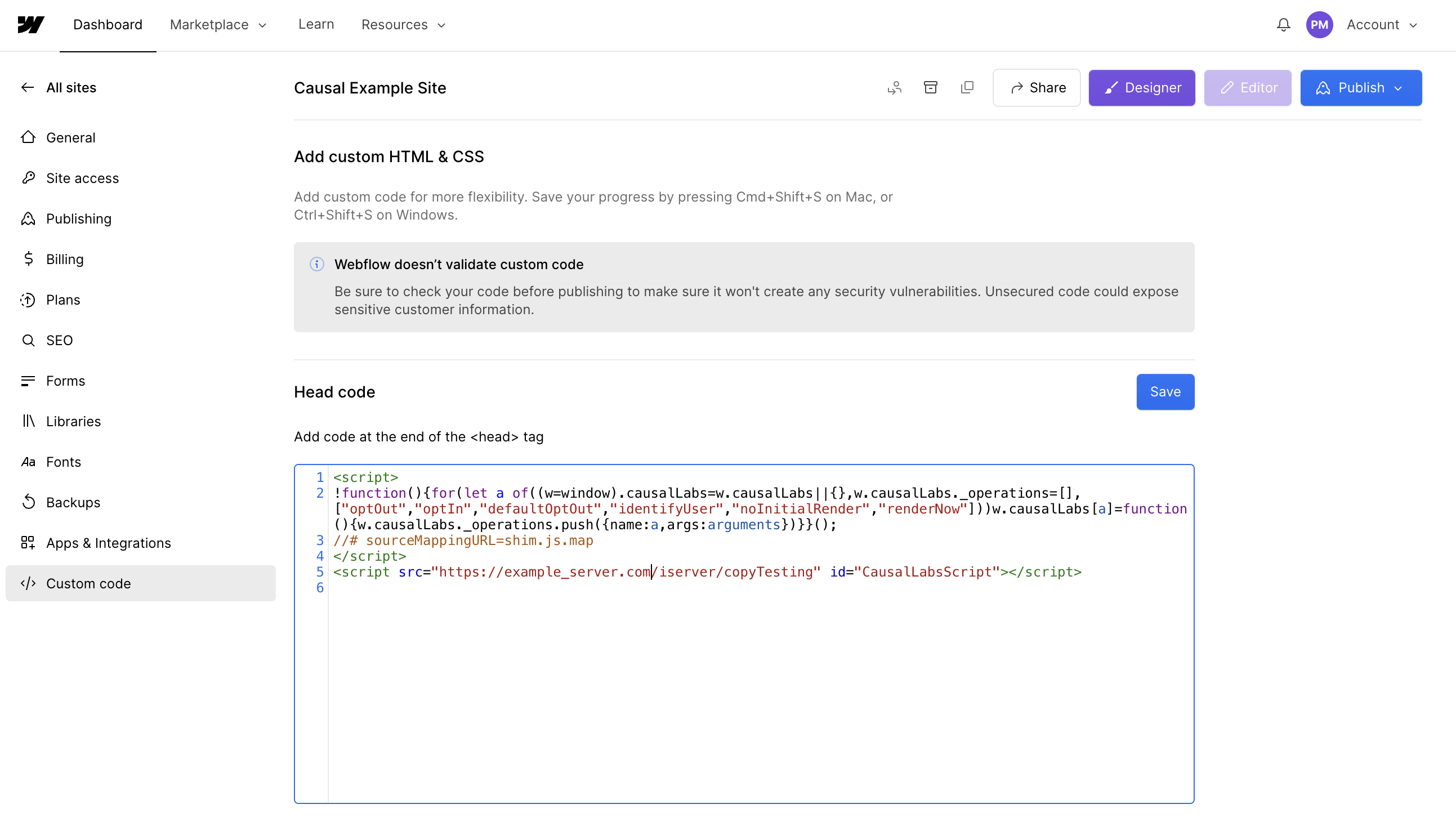 Webflow custom code head code screen